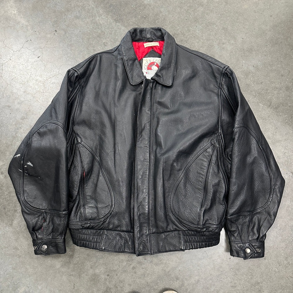 Vintage 80s Gulf Coast Outfitters Black Leather Bomber Jacket Red Lining Mens M
